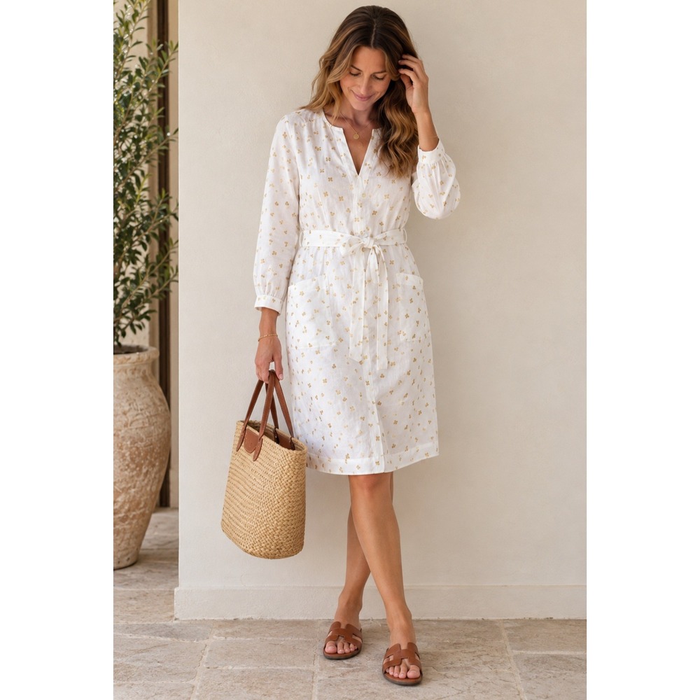 Boden White 100% Linen Gold Foil Floral Shirt Dress Pockets Belted W0489 US 14L